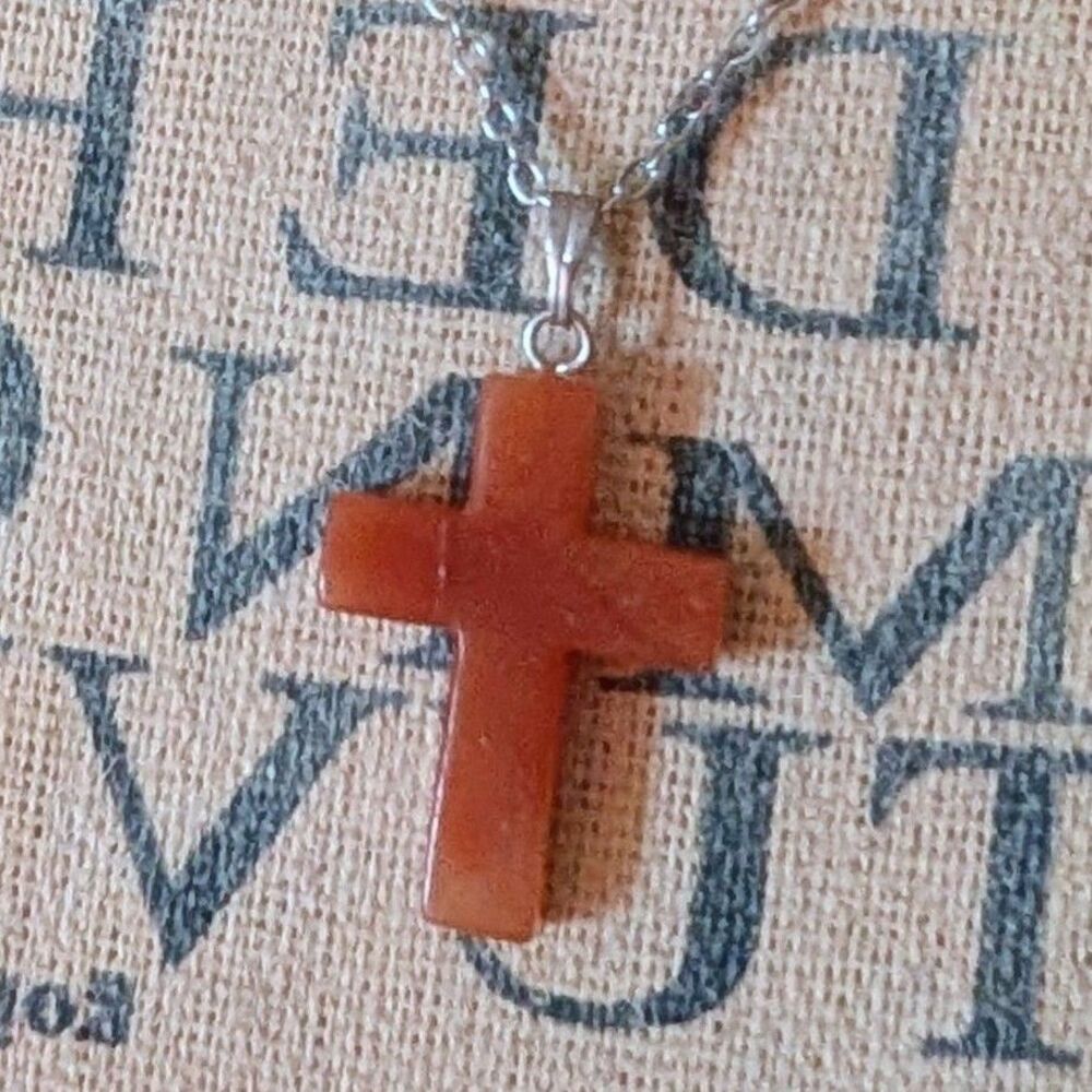 Amber Agate Crucifix Red Stone Pendant Necklace